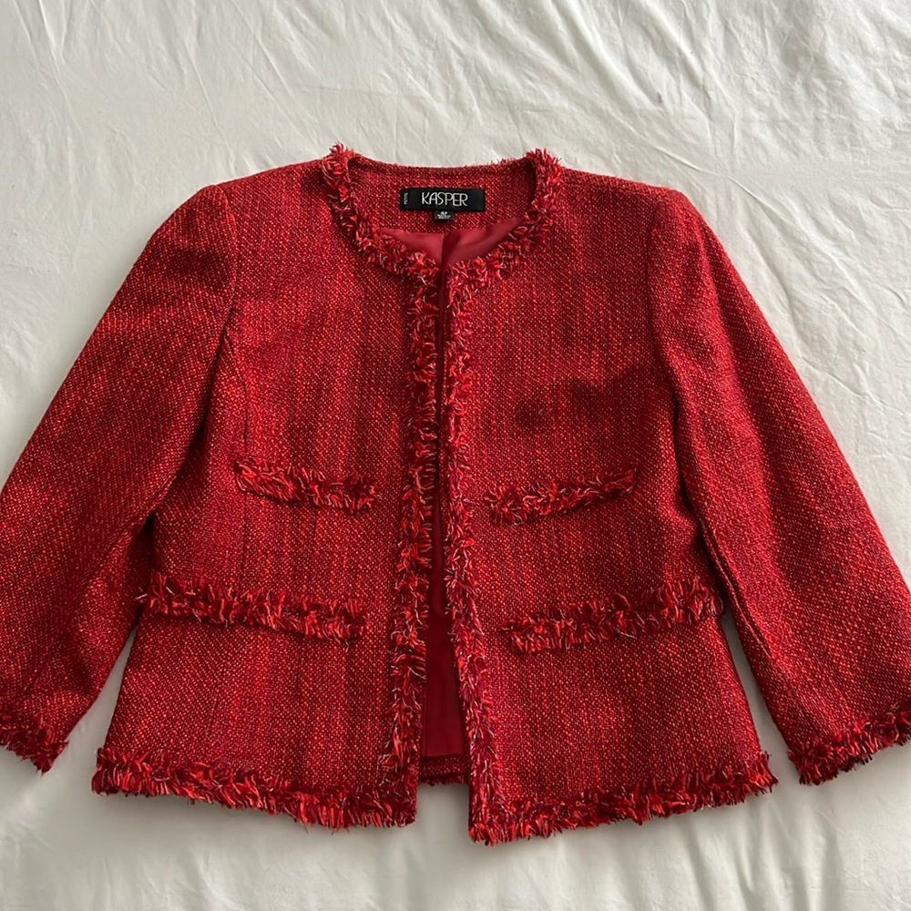 So cute! Red Tweed short Jacket with Fringe Details - size 4P fits up to size 8
